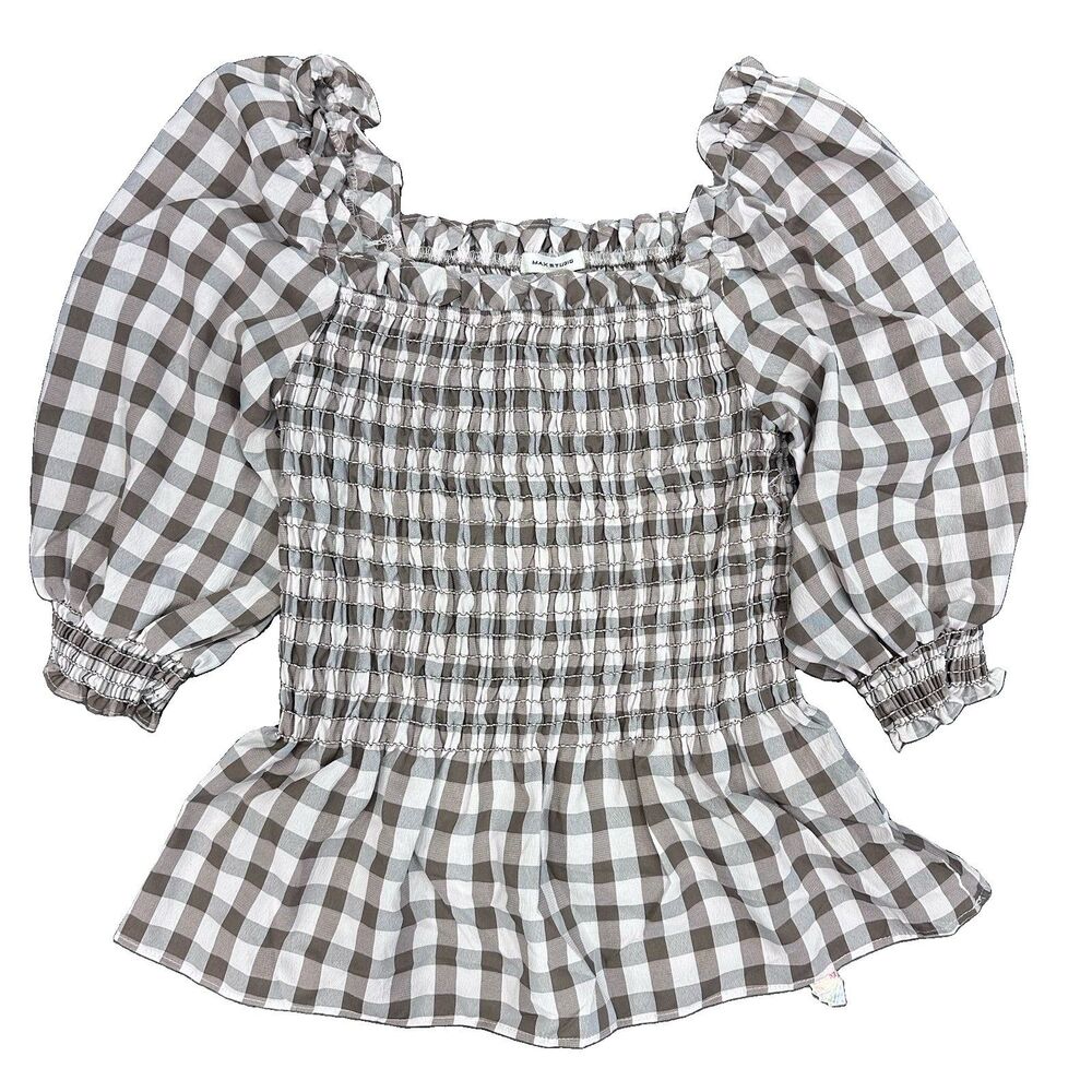 NWT Max Studio Gingham Smocked Peplum Top Brown White Off-Shoulder Puff Sleeve L